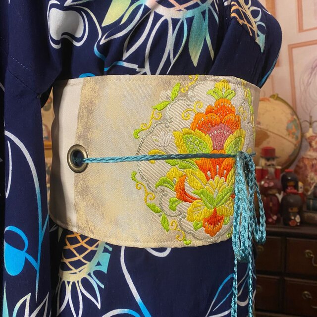浴衣リメイク 藍染 ミニミディ ワンピース ドレス 名古屋帯サッシュ