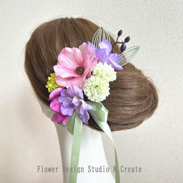 ピンクのラナンキュラスとミントリボンの髪飾り　浴衣 　パープル　ピンク　ミント　花火大会　お祭り　浴衣髪飾り