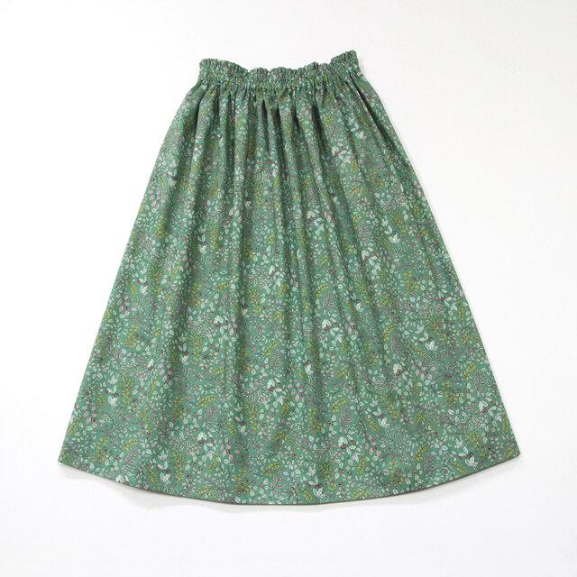 【即納】軽くて、さらり。優しい肌触り。ボタニカル ギャザースカート（ダークシーグリーン）リーフ 植物模様