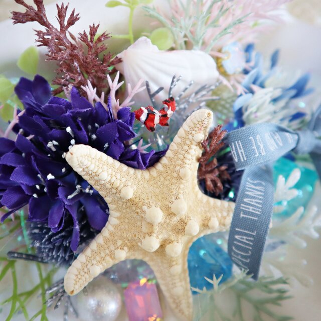 練りターコイズのヒトデチャーム❤️貝殻とお花のぷっくりハート海の水面夏ヘアゴム❤️ クマノミのお家 anemonefish's home ☆ シャコ貝 | iichi 日々の暮らし