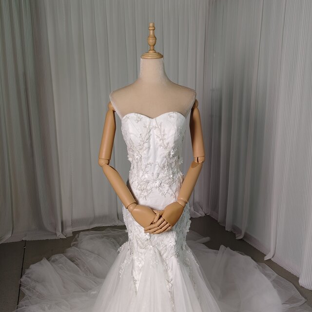 フランス風 ウェディングドレス ベアトップ マーメイドライン 3D