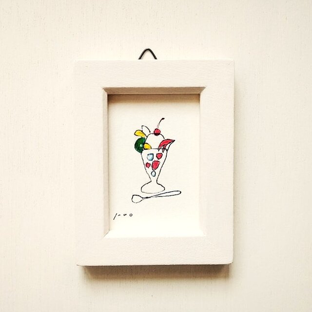 小さな絵｜原画「パフェ」※木製ミニ額縁入り