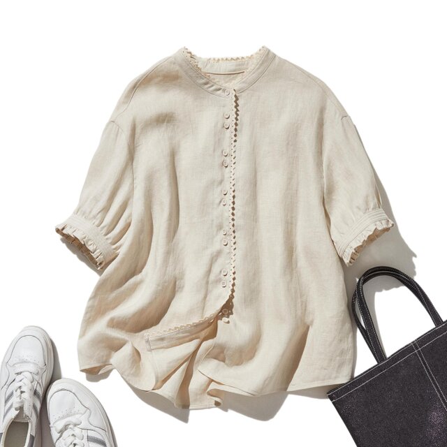 上品な着こなしに♪ リネン100% バンドカラーシャツ リネンブラウス 半袖シャツ　ベージュ　250509-3