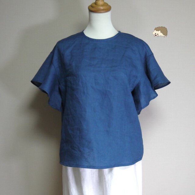 カラーリネン◆ラッフル袖ブラウス◆ブルー◆S・Ｍ・Ｌ・LL（中厚、リネン100％）
