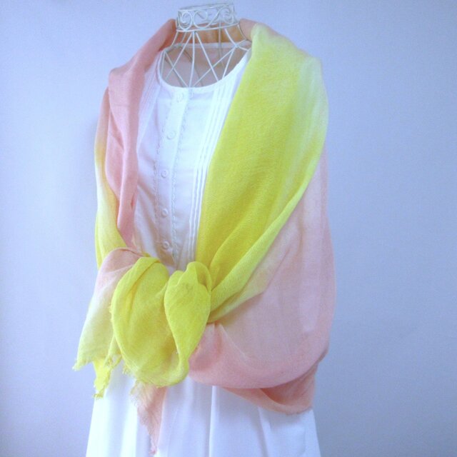 草木染め・和紙・蚊帳織り・大判ストール_1・エンジュと茜染め（ピーチオレンジ）