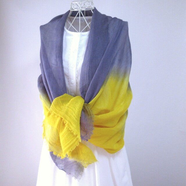 草木染め・和紙・蚊帳織り・大判ストール_2・エンジュとログウッド染め（青みグレー）