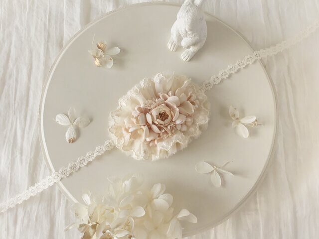 ドール用レースと染め花のスモールヘッドドレス(MLフリー・小バラ