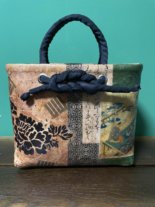 一閑張り　一閑張りバッグ　古文書　和紙　花絵柄　大正　着物　京友禅　絞り　浴衣 一閑張り 一閑張りバッグ 古文書 和紙 花絵柄 大正 着物 印譜京