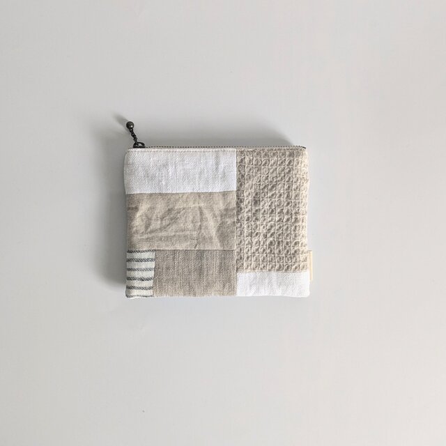 リネンファスナーポーチ/ストライプ　ナチュラル　パッチワーク