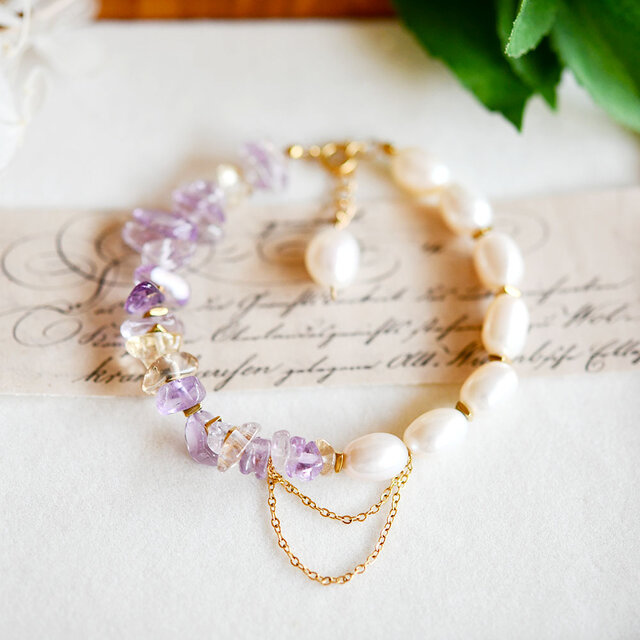 アメジストとケシパールのブレスレット　2月/6月誕生石