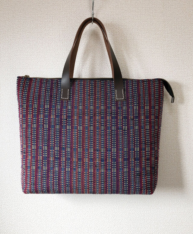 裂き織り　カラフル糸のファスナートート（本革持ち手）