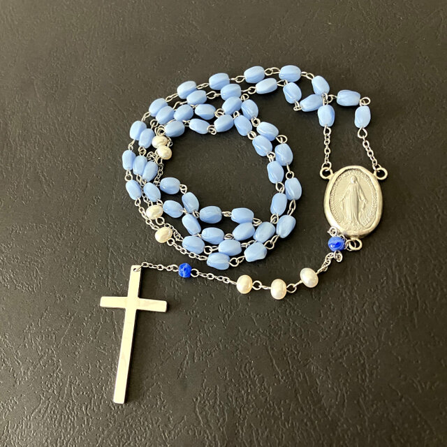 ラリマー　ビンテージ　ロザリオ　奇跡のメダイ　不思議のメダイ フランス奇跡のメダイ] ロザリオnecklace - vintageガラス*SV 1点限り