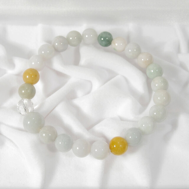 本翡翠と本水晶のブレスレット（内周：16.5cm、天然石、120面カット、マルチカラー）