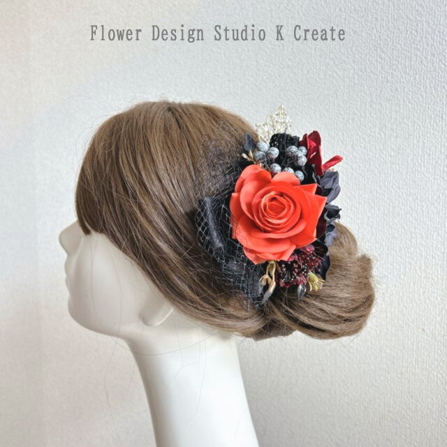 フラメンコ・フローレス・発表会に♡朱赤の薔薇と黒いダリアのヘアクリップ 　ダンス髪飾り　発表会　社交ダンス　チュール　発表会　赤