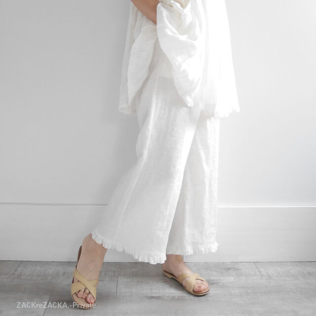 甘織りリネン100%風をまとうようにやわらかくて涼やかフリンジフリル♪レイヤーペチコート大人可愛いホワイトパンツ
