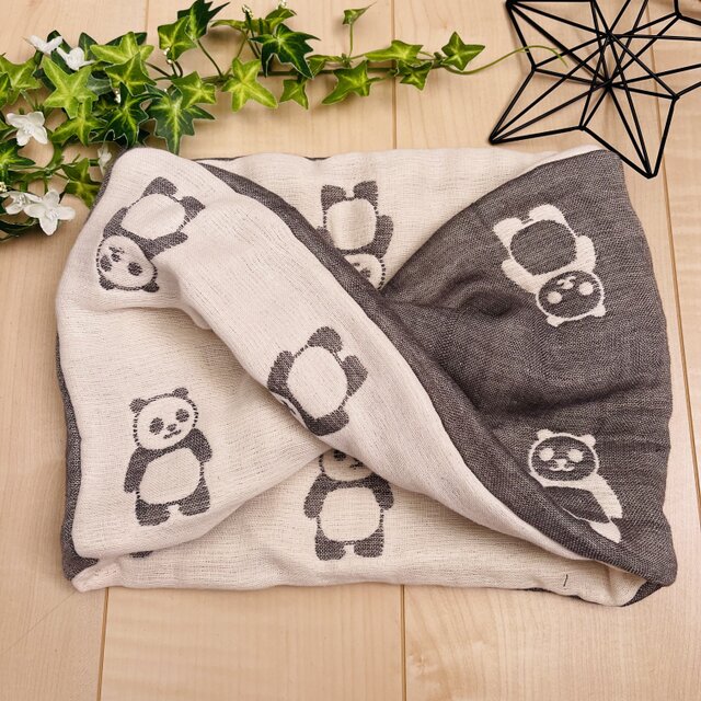 ☆パンダ柄☆肌に優しい天然素材☆12重ガーゼねじりスヌード☆かぶる