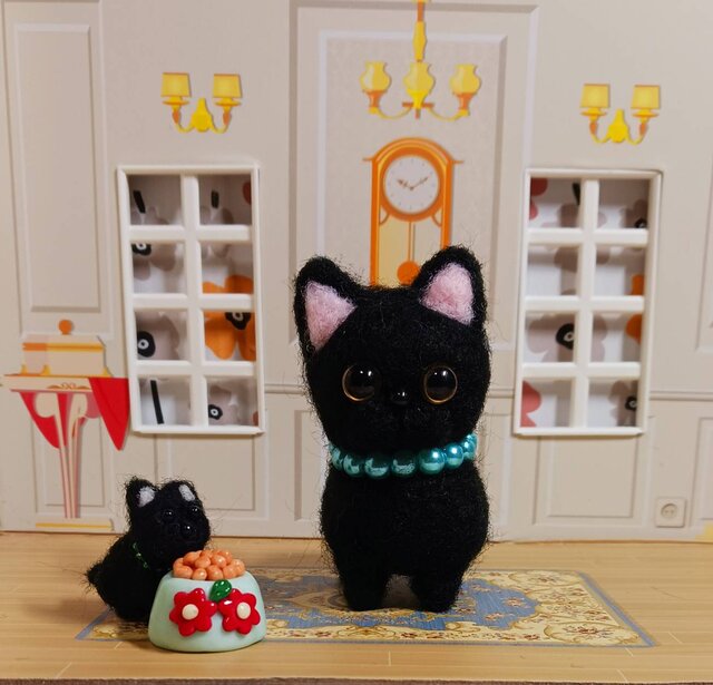 羊毛フェルト　猫　黒猫　五月人形　端午の節句　飾り台小物付き　ハンドメイド 羊毛フェルト 猫 黒猫 五月人形 端午の節句 飾り台小物付き