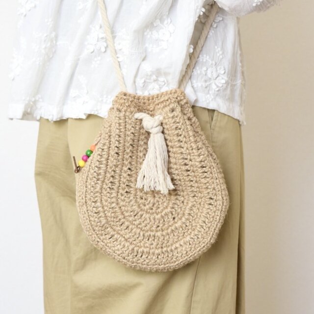 新作♡春夏定番麻ひもラウンド型ショルダーバッグ✼ビーズチャーム付きタッセル仕様✼