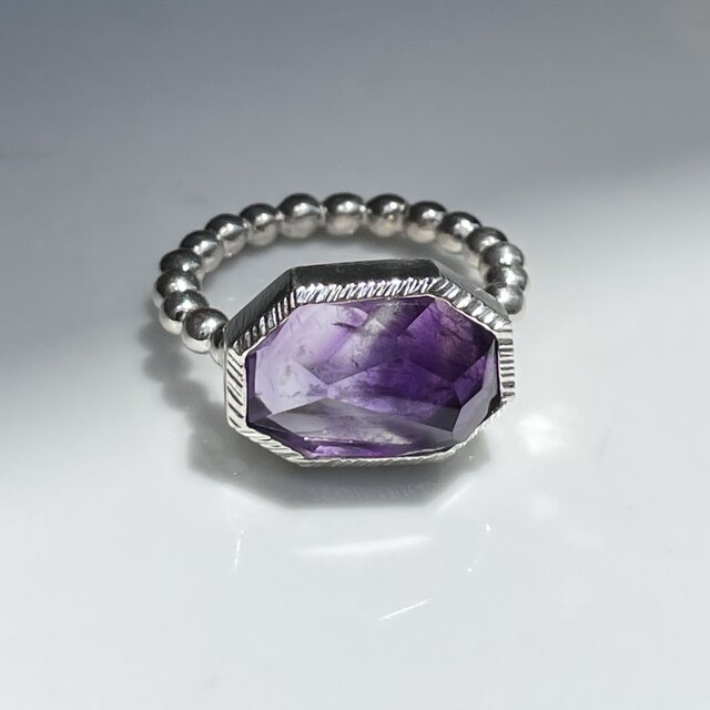 アメシスト 横長8角形 立体ラフカット 愛しい鉱物 シルバーSV925リング