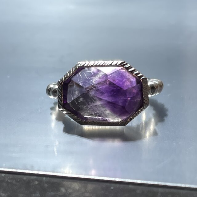 アメシスト 横長8角形 立体ラフカット 愛しい鉱物 シルバーSV925リング