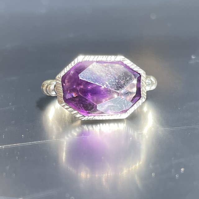 アメシスト 横長8角形 立体ラフカット 愛しい鉱物 シルバーSV925リング