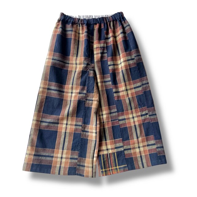 ワイドパンツ【送料込み】古布リメイク　格子　ネイビー