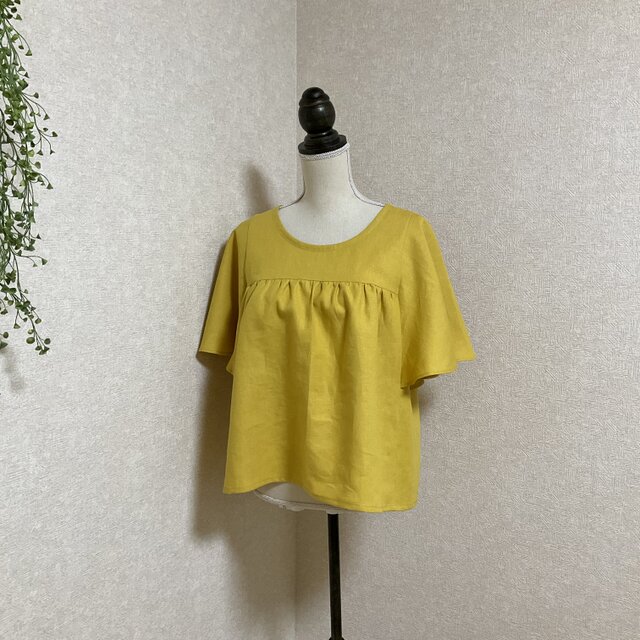 リネン100% ひらひら蝶々みたいなお袖のブラウス　ヨークイエロー