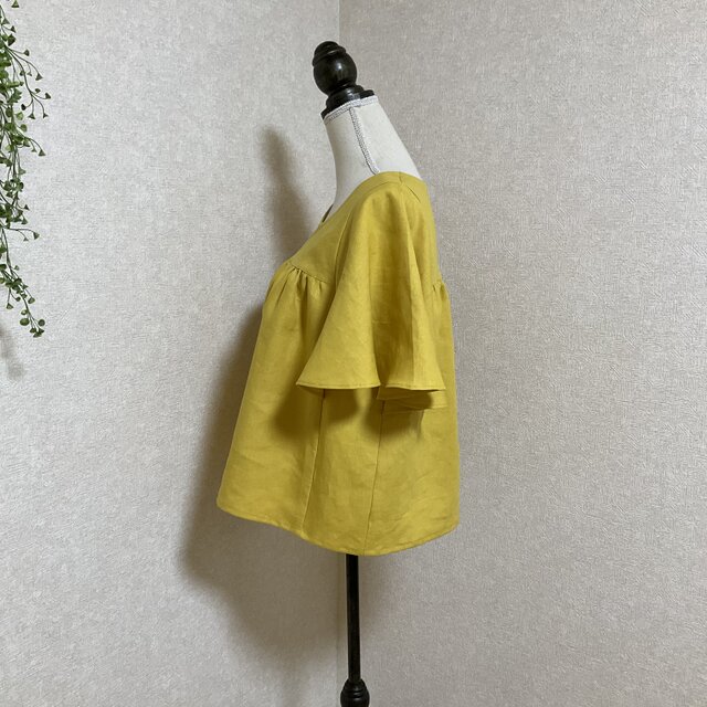 リネン100% ひらひら蝶々みたいなお袖のブラウス ヨークイエロー 