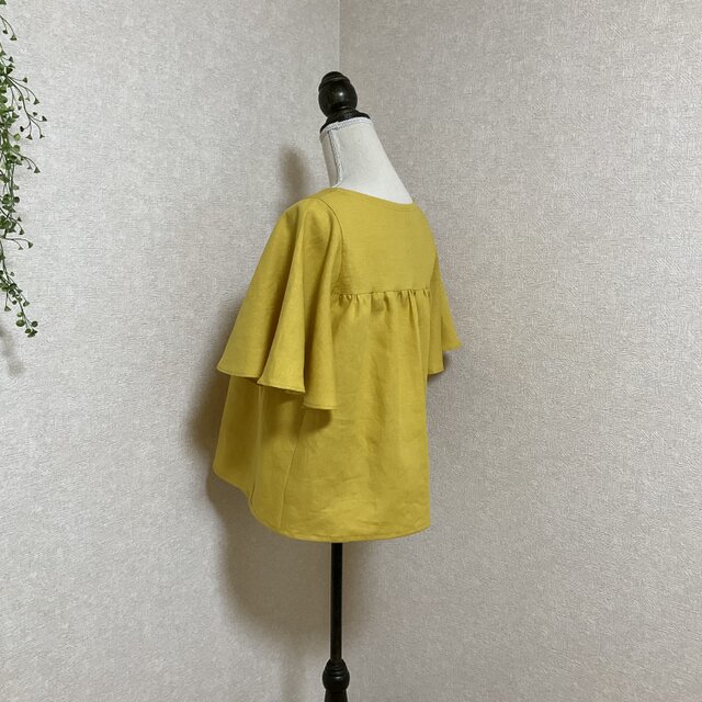 リネン100% ひらひら蝶々みたいなお袖のブラウス ヨークイエロー 