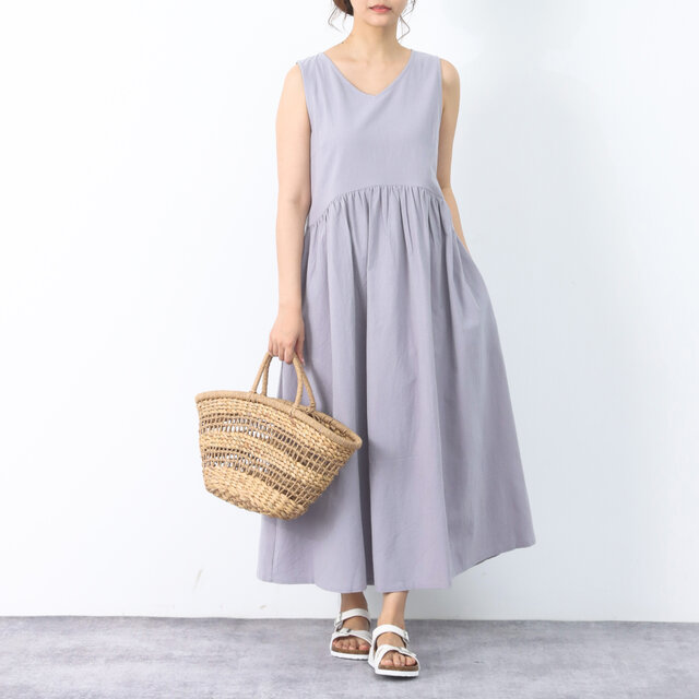 26色展開 コットン　Vネック　ギャザー　ロングワンピース ♪オーダーサイズ可