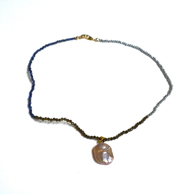 ラピス＆オブシディアン＆ヘマタイトのネックレス＊淡水パールのペンダント★送料無料♪