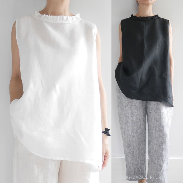 リネン100%軽やかフリンジフリル｜首もとおしゃれに涼しく華やぐ♡夏ブラウス｜ホワイト