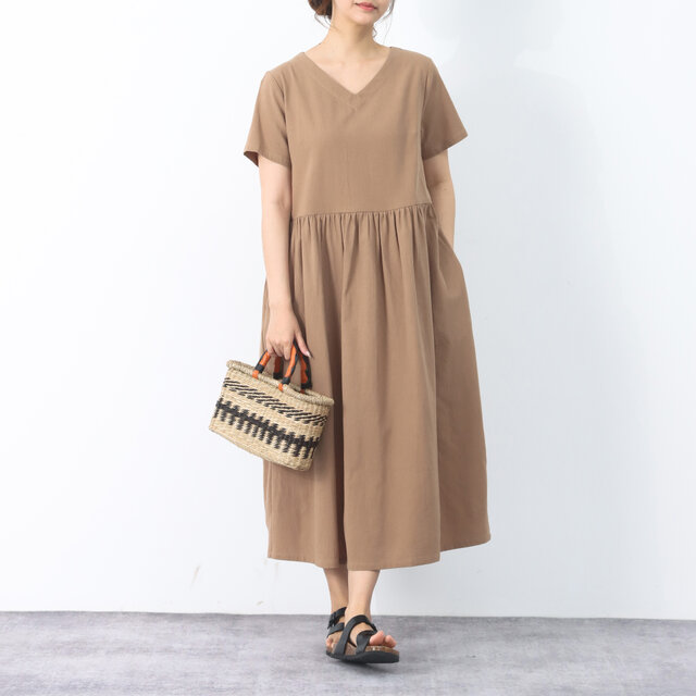 26色展開 コットン　Vネック　半袖　ギャザーワンピース ♪オーダーサイズ可