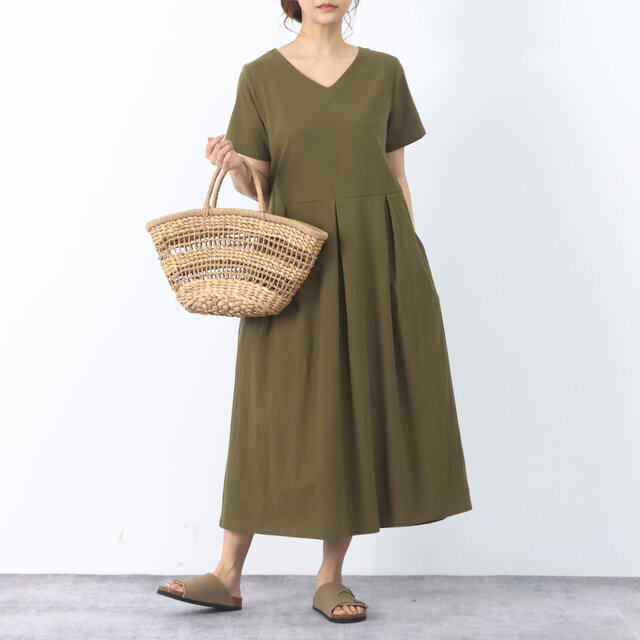 26色展開 コットン　Vネック　半袖　タックワンピース ♪オーダーサイズ可