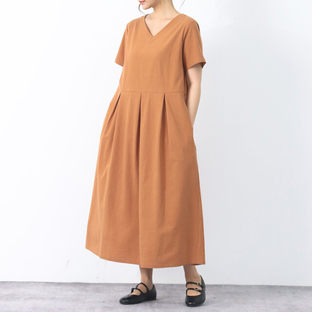 26色展開 コットン　Vネック　半袖　タックワンピース ♪オーダーサイズ可