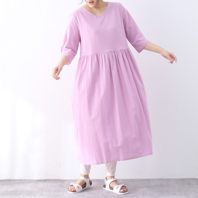 45Rpm コットン ワンピース ゆったり オーバーサイズ ギャザー 美品！ 裾上げ無料♪サイズオーダー可♪ 26色展開 コットン Vネック ギャザー