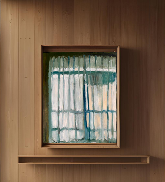 50×61㎝「サッシと洗濯物の影が透けて見えるカーテン」F12・原画・油彩