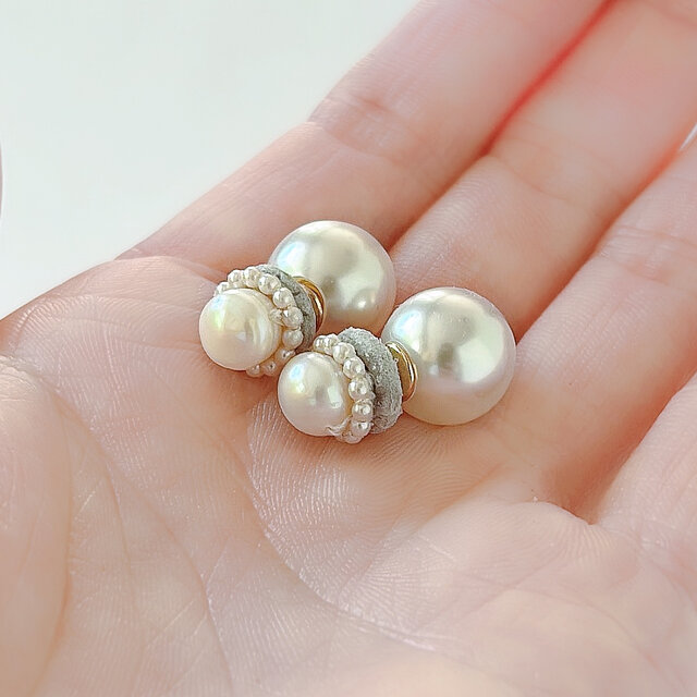 小粒パールを取り巻いた 淡水パール×パールキャッチ(ノーマル