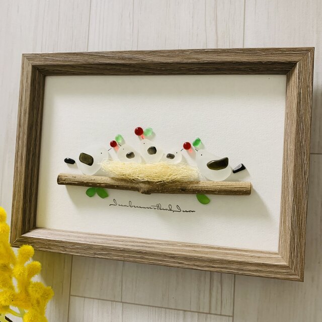 シーグラスアート 海の宝石 シマエナガ 家族 インテリア雑貨 書斎 観葉