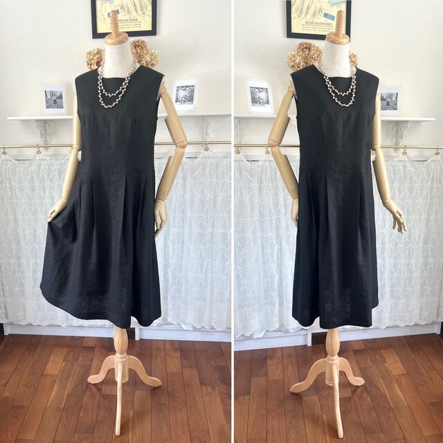 リネン・ダークブラウンのノースリーブワンピース『シャーロット』焦茶・ローウエスト切り替え・一点物・パリのリネン