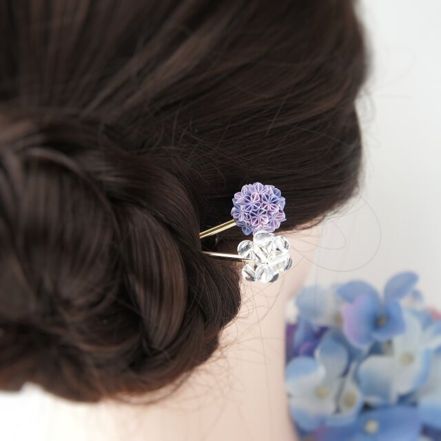 玉かんざし二本セット 〔 紫陽花 しっとり紫 〕 簪 髪飾り 浴衣 着物 夏 つまみ細工 プレゼント 透明 クリア 人気