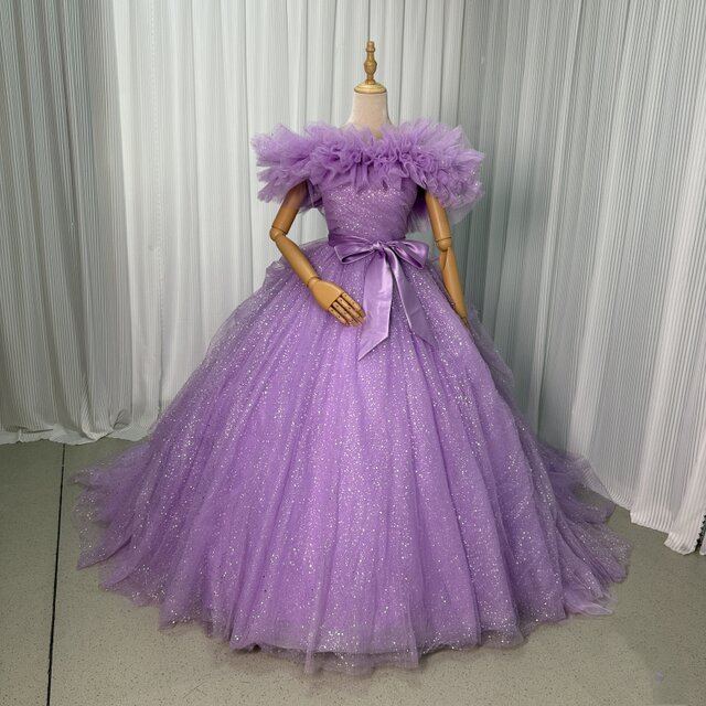 カラードレス パープル キラキラチュール オフショルダー サッシュベルト ラッフルフリル 優雅 披露宴