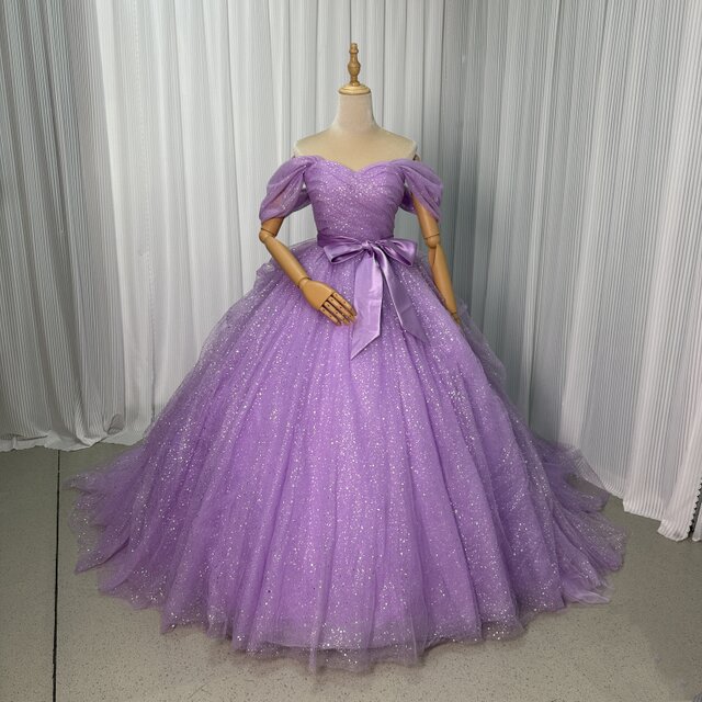 カラードレス パープル キラキラチュール 取り外しオフショルダー サッシュベルト ラッフルフリル 花嫁