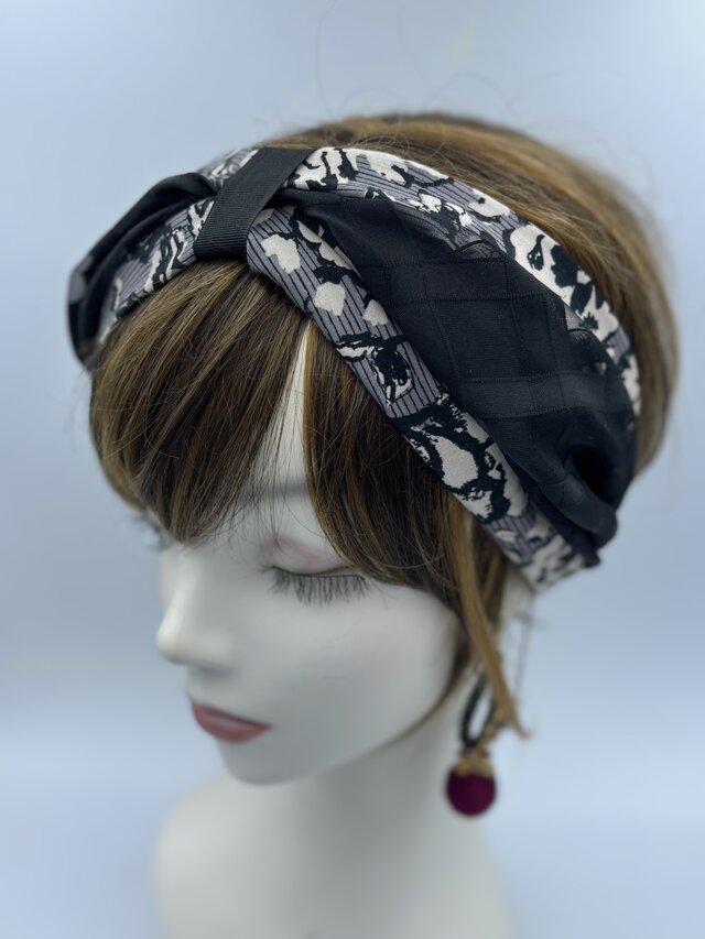 ⭐️capella⭐️大人の花柄×シースルーブラックのターバン　グレー　リバーシブル