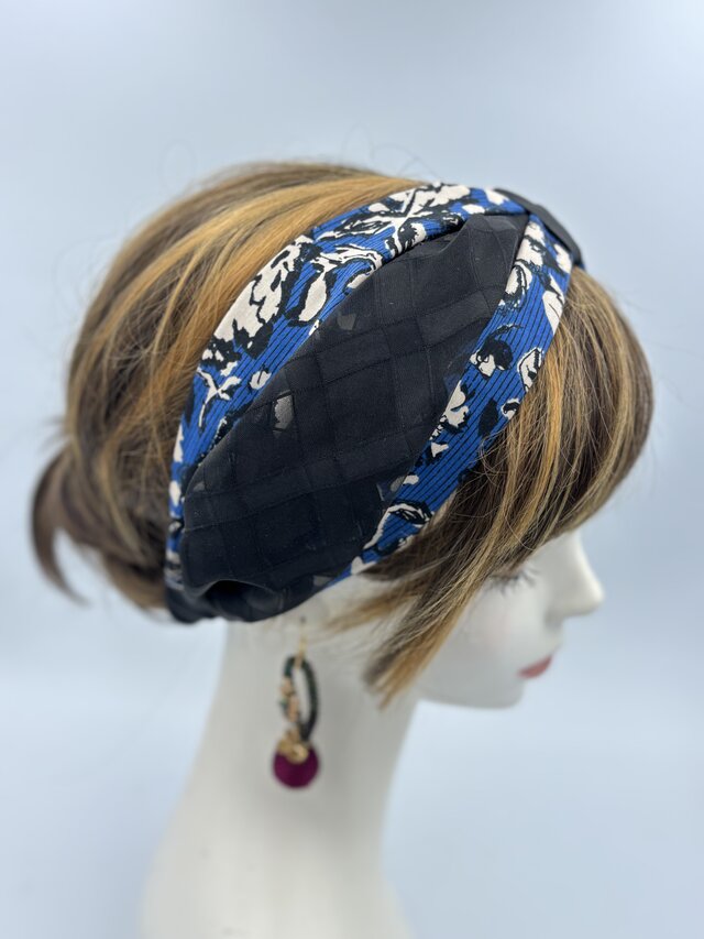 ⭐️capella⭐️大人の花柄×シースルーブラックのターバン　ブルー　リバーシブル