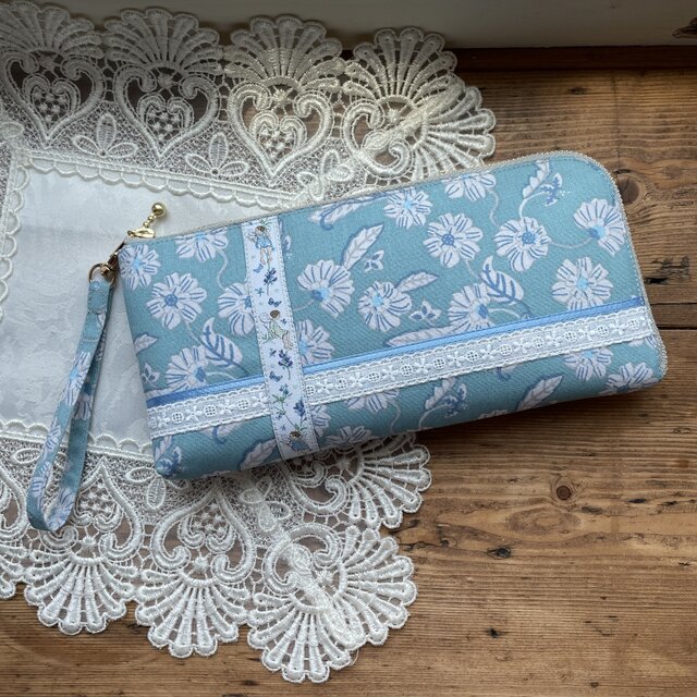 L字ファスナー長財布・acufactum刺繍リボン使用(エメラルドグリーン系)