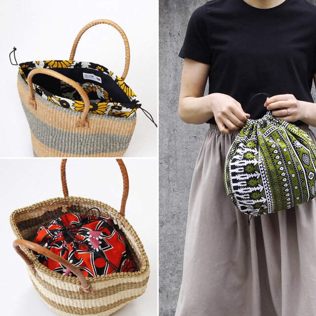 ロエベかごバッグ用巾着　ハンドメイド　ハイビスカス柄　かごバッグ巾着オーダー ロエベカゴバッグ用巾着 ハンドメイド ハイビスカス柄 カゴバッグ巾着