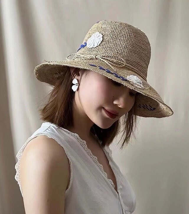 ラフィアハット、フレンチスタイルの帽子、麦わら帽子、夏用 