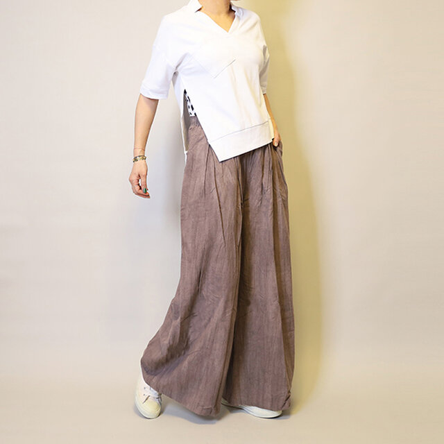 【新作】絞り染めリネン100総ゴム仕立てタックワイドパンツ25024PPF
