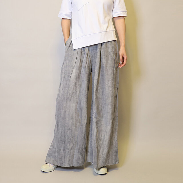 【新作】絞り染めリネン100総ゴム仕立てタックワイドパンツ25024GLF